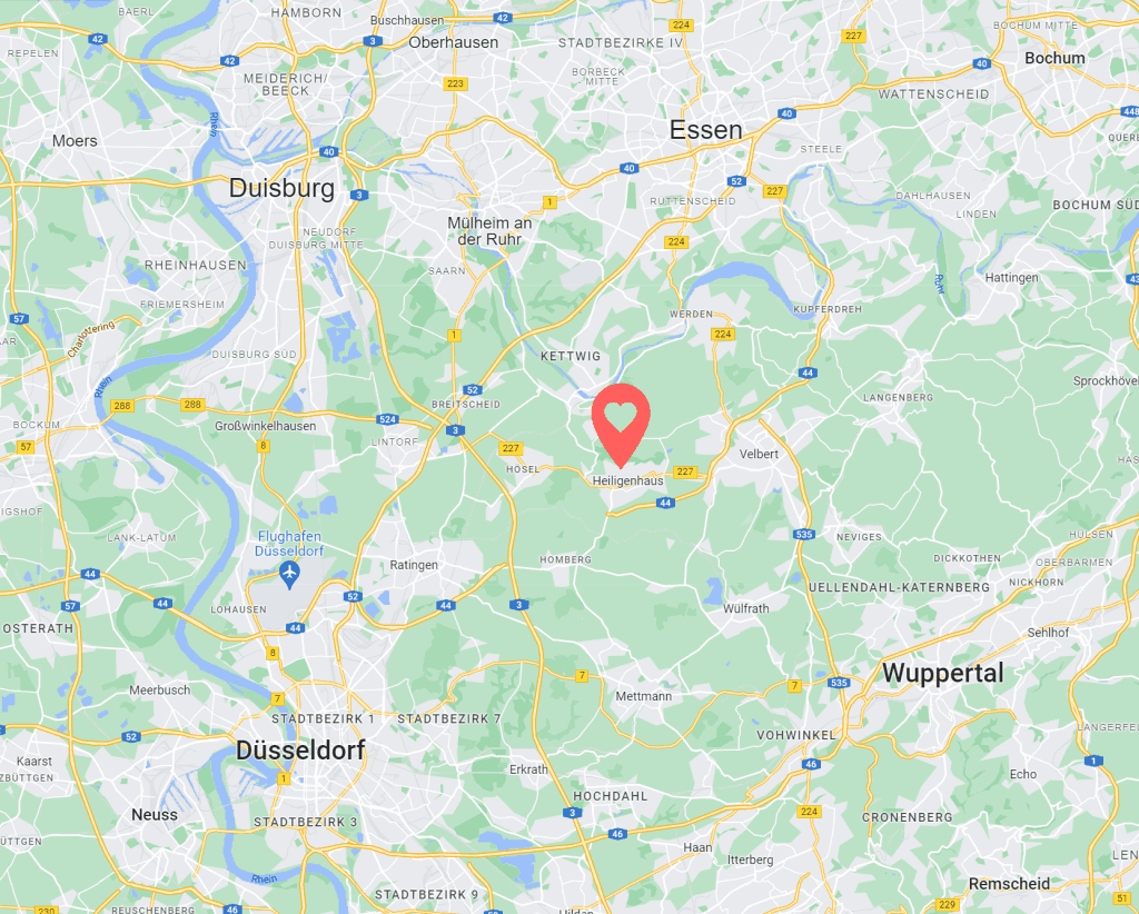 Karte von Heiligenhaus und der Umgebung: Düsseldorf, Essen, Wuppertal, Duisburg, Ratingen.